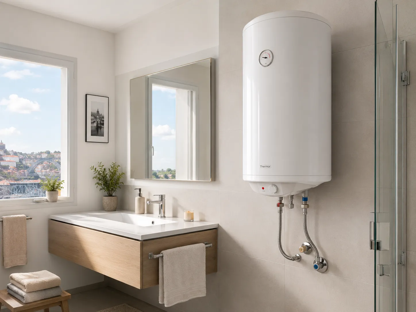 Termoacumulador instalado em casa de banho moderna